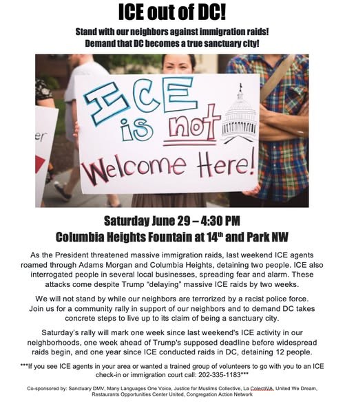 A flyer repudiates ICE agents roaming Columbia Heights, the neighborhood where the Shrine of the Sacred Heart sits in the U.S. capital. A flyer repudiates ICE agents roaming Columbia Heights, the neighborhood where the Shrine of the Sacred Heart sits in the U.S. capital.