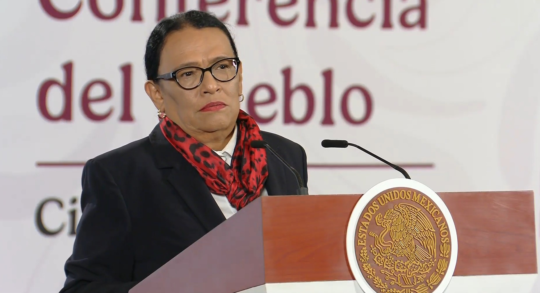 Rosa Icela Rodríguez, captura de pantalla de la transmisión del 21 de agosto de 2026.