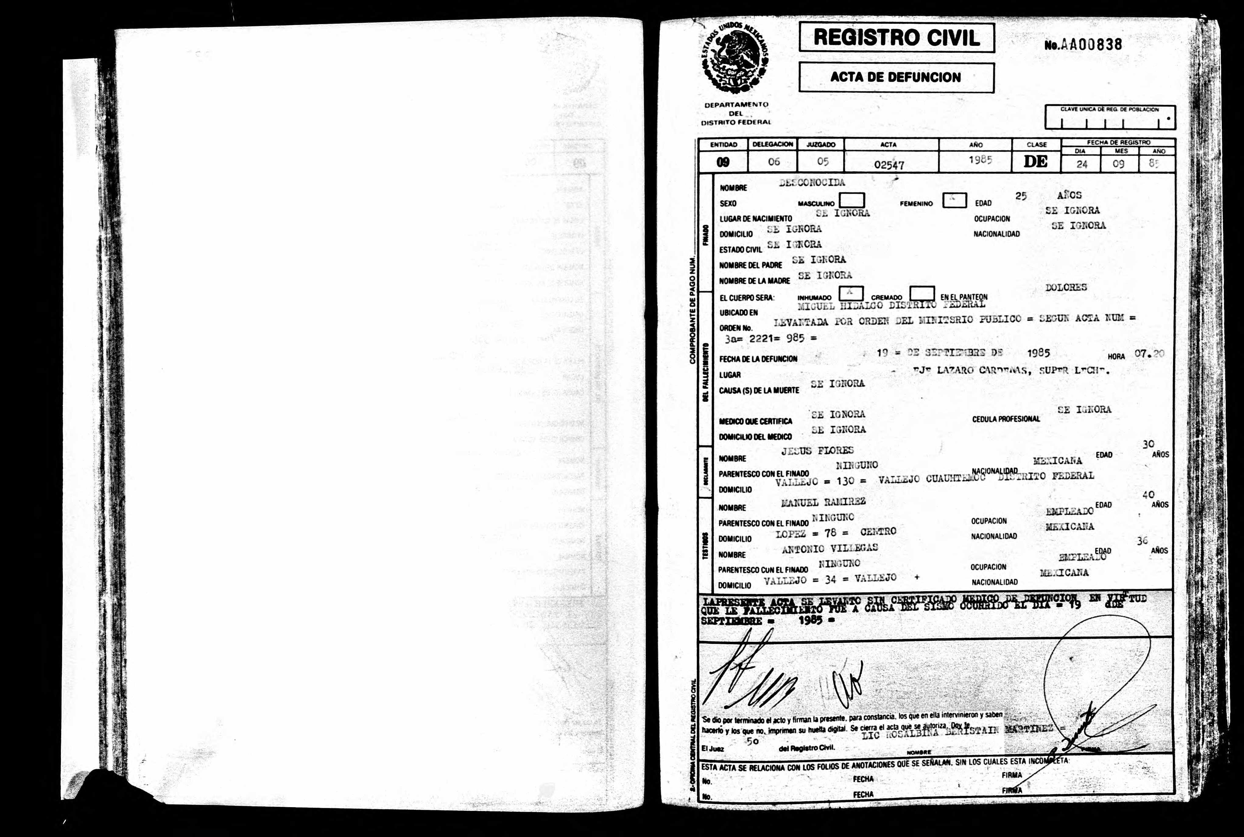 The death certificate of one of the unidentifed persons who died in the aftermath of the 1985 earthquake at the Escandón Building.