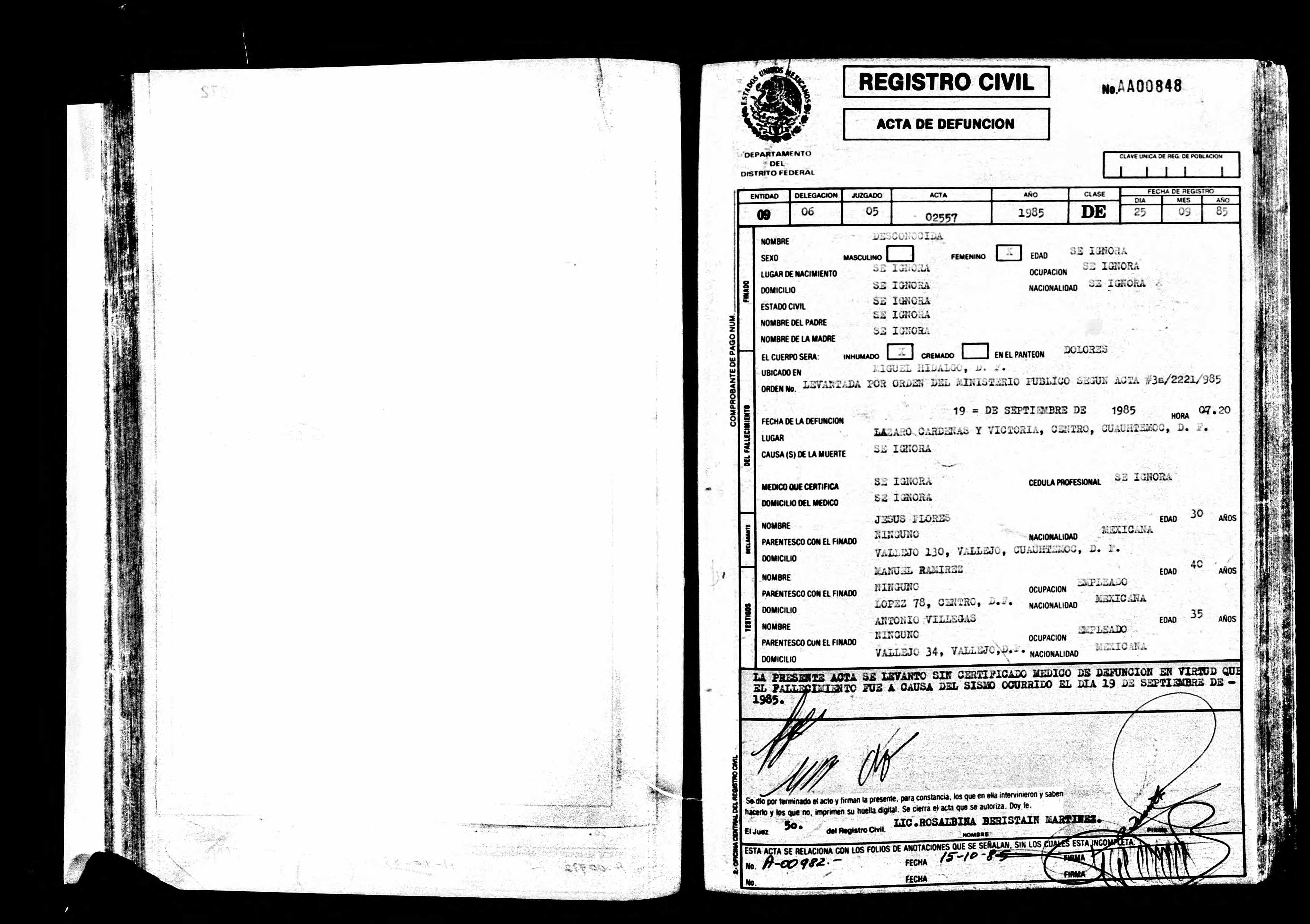 The death certificate of the other unidentified individual who died at the Escandón Building during or immediately after the 1985 earthquake.