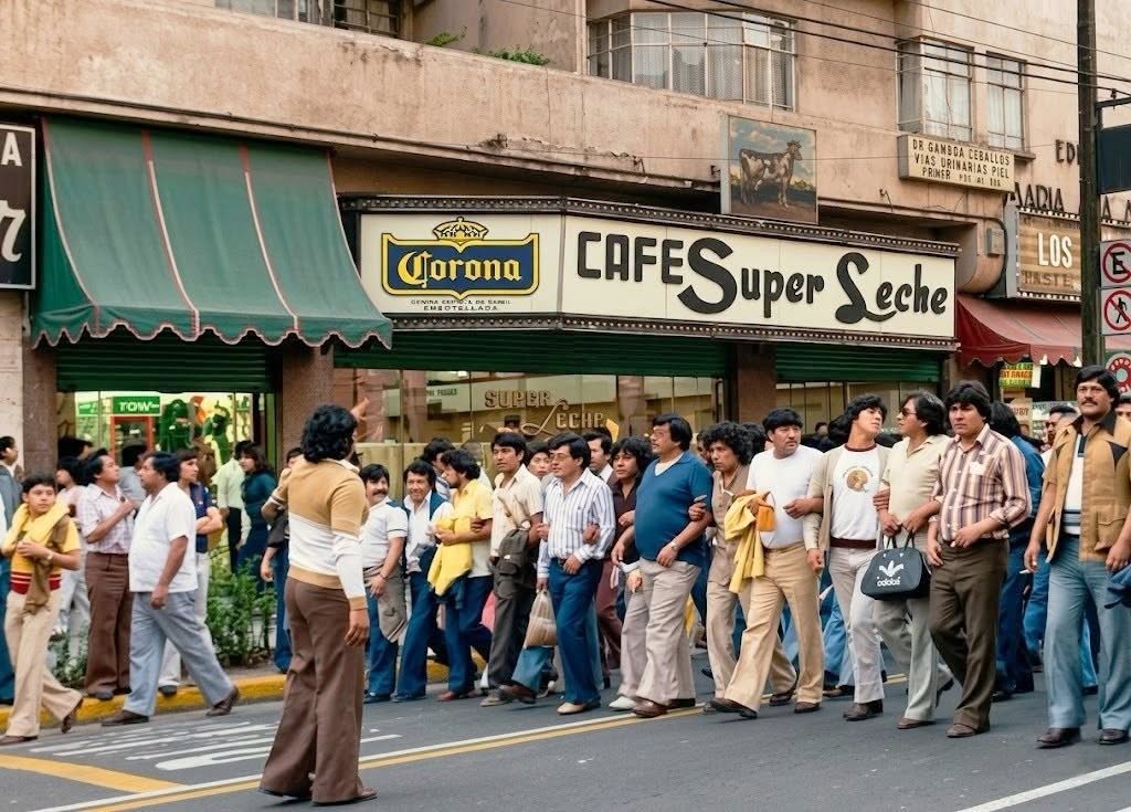 A colorized image of an undated photograph, likely from the 1970s or early 1980s, showing the Súper Leche banner. Author unknown, recovered via @ www.facebook.com/photo/?fbid=122272827944058694&set=a.122104407146058694.