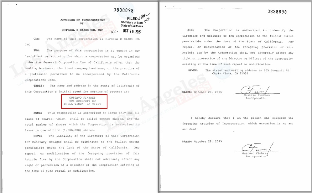 29 de octubre de 2015 — Initial Filing: constitución original de Ripresa E Hijos USA Inc.; allí aparece Gustavo Fimbres como incorporator y agente inicial.