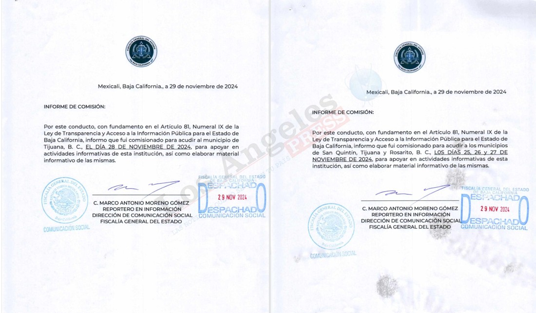 Informes de comisión de noviembre de 2024 en los que Marco Santelices aparece adscrito como “Reportero en Información” de la Dirección de Comunicación Social de la FGEBC Informes de comisión de noviembre de 2024 en los que Marco Santelices aparece adscrito como “Reportero en Información” de la Dirección de Comunicación Social de la FGEBC