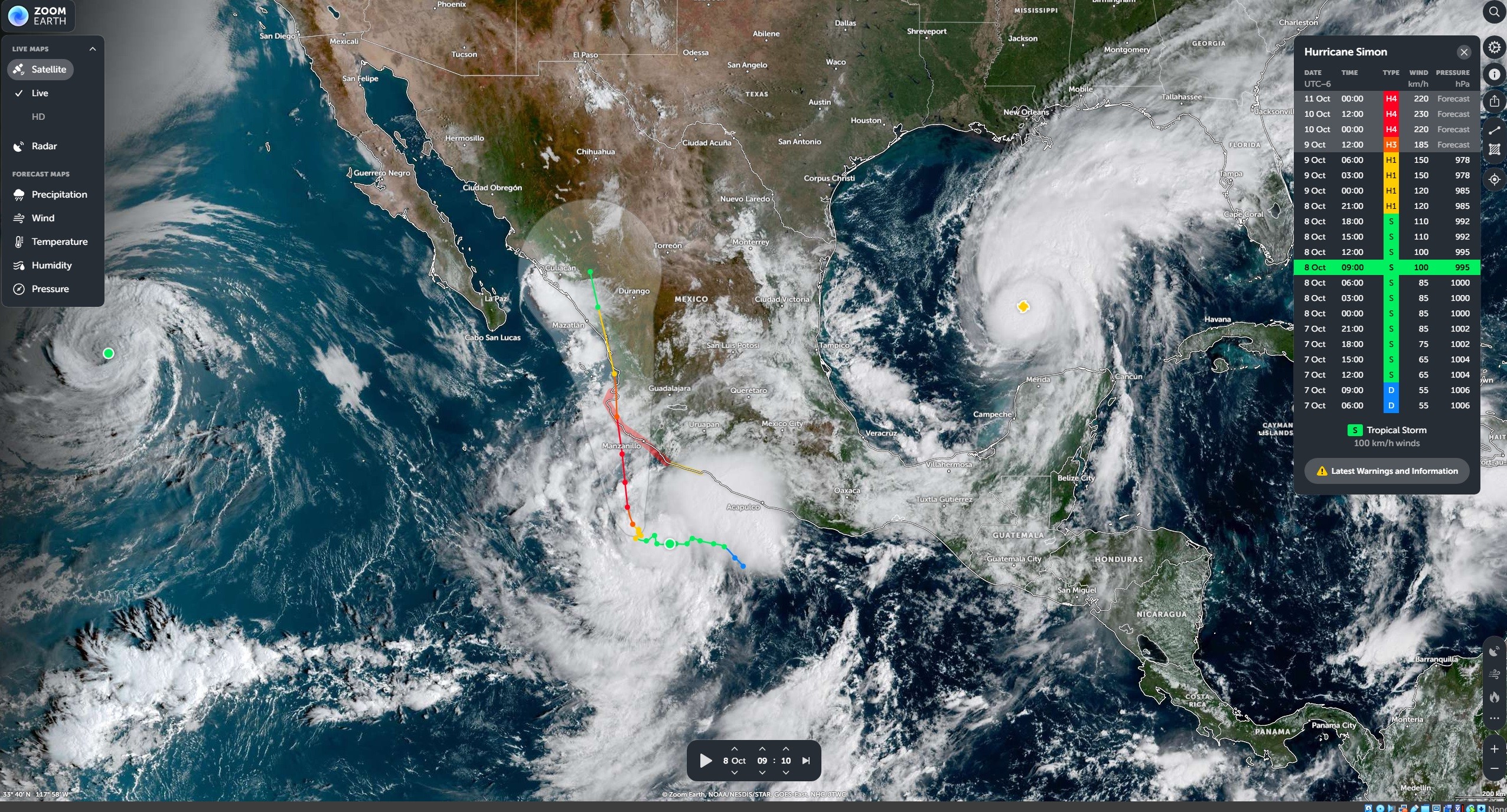 El recorrido esperado del huracán Simón en el Pacífico mexicano. Earth Zoom.