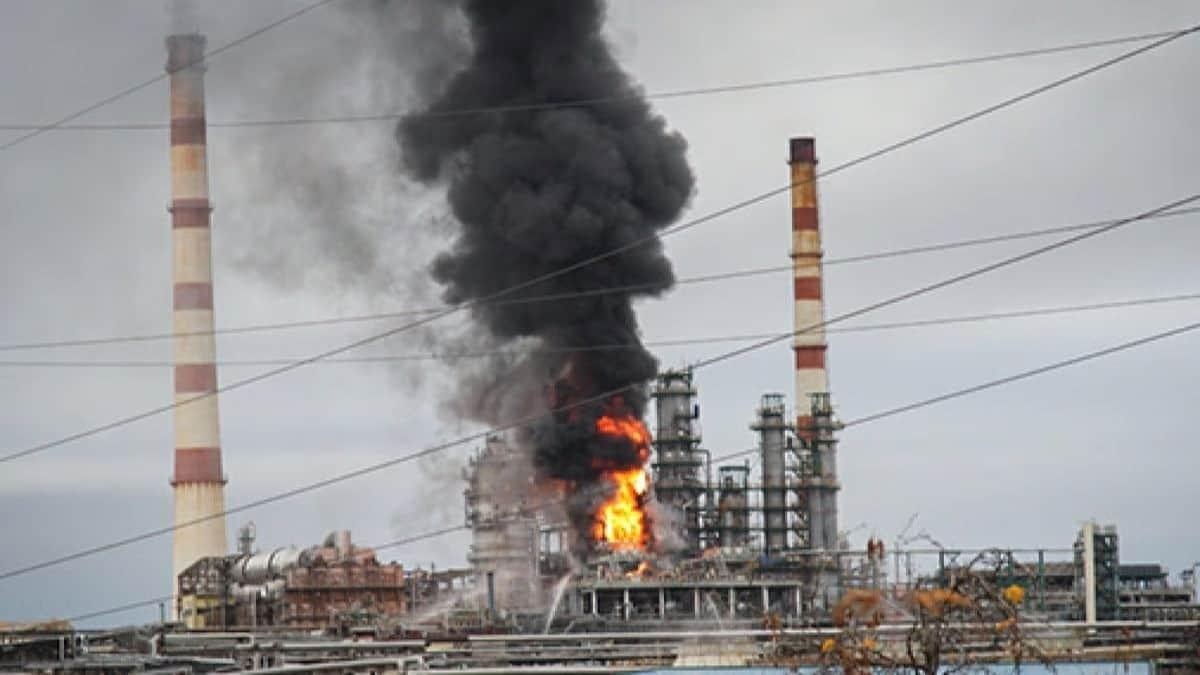 Smoke and flames rise from a Russian oil refinery amid continued Ukrainian attacks on energy infrastructure.