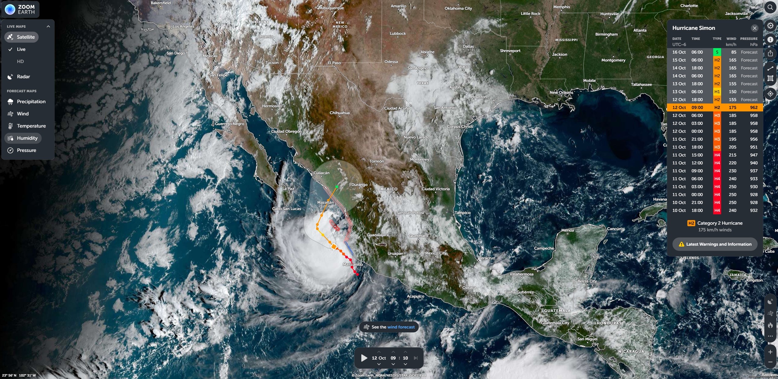 Huracán Simón en ZoomEarth, 12 de octubre de 2026. 