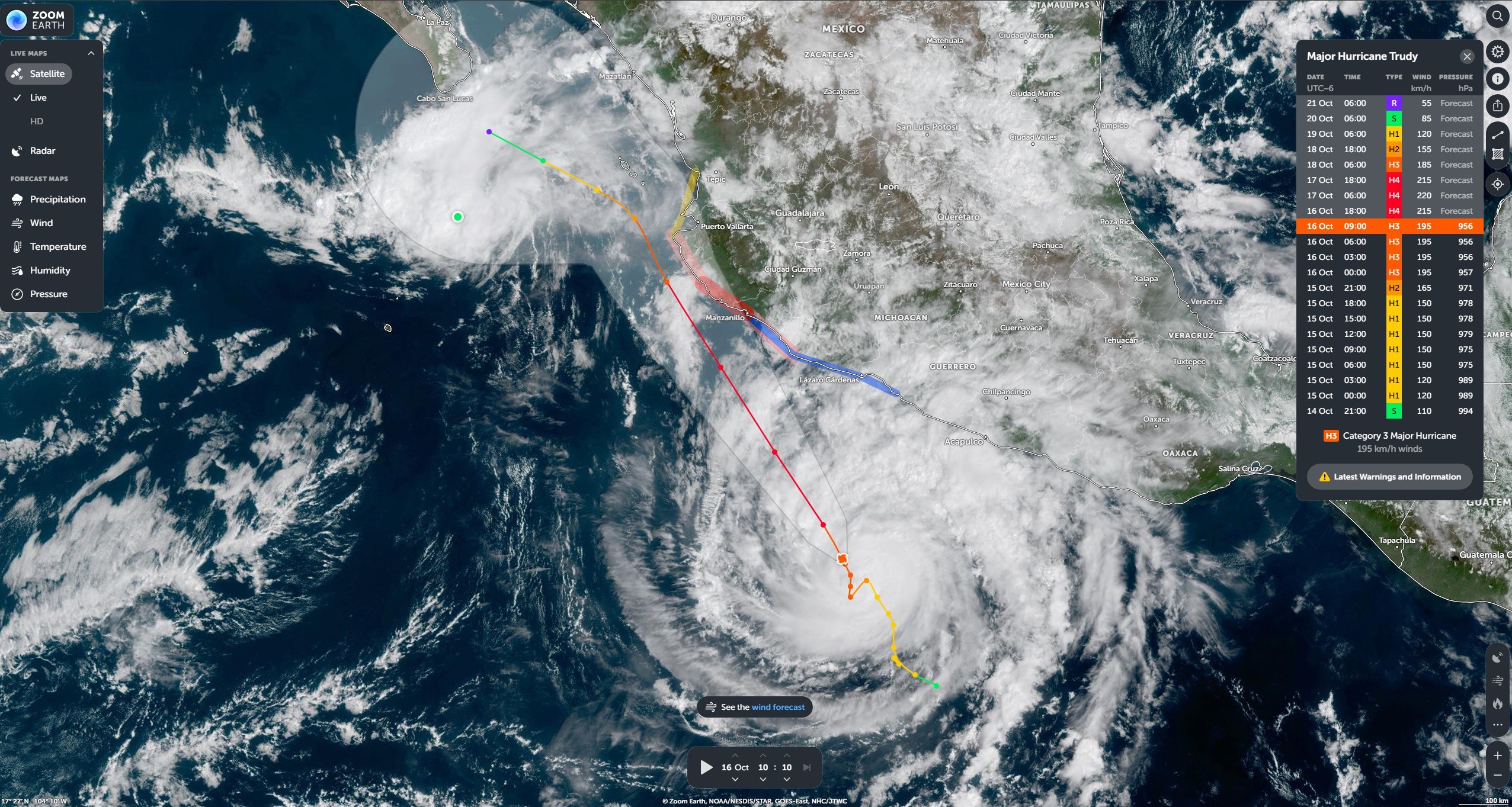 Mapa: Trayectoria actual y esperada de Trudy en el Pacífico. Zoom Earth.