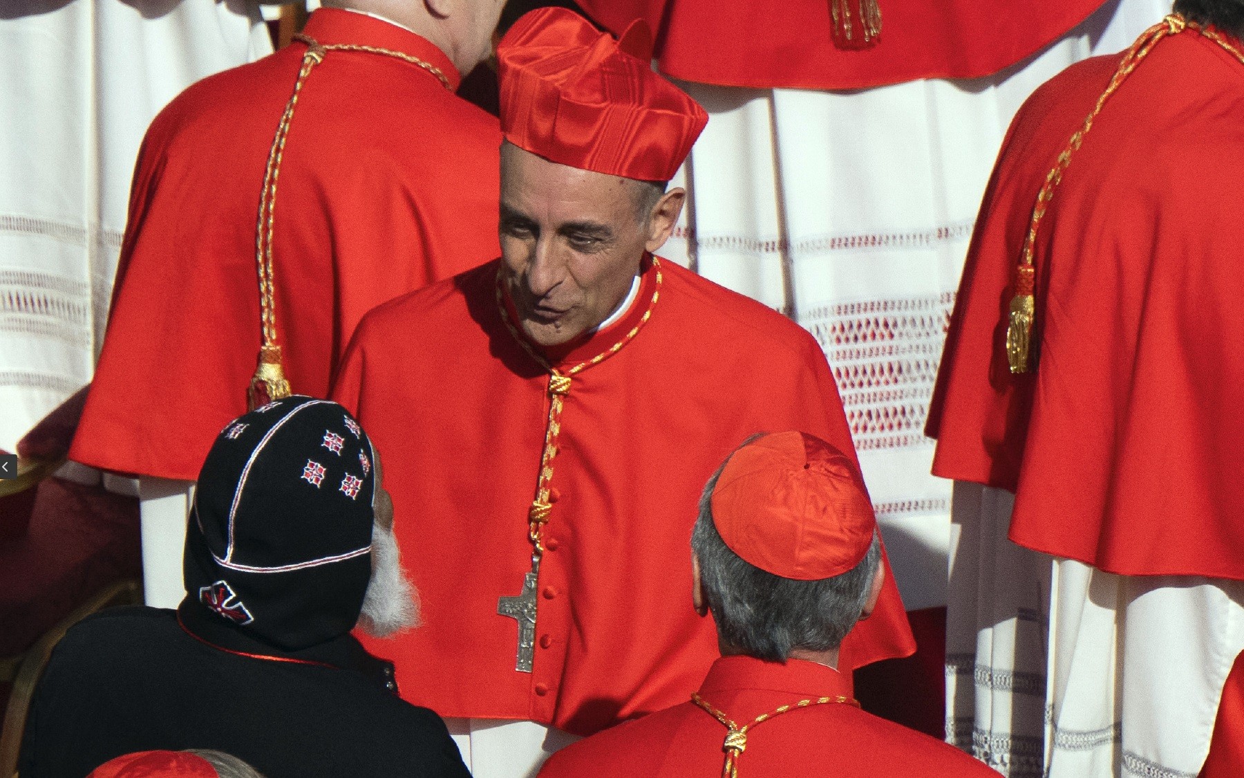 Víctor Manuel Fernández greets other cardinals in Rome after the Consistory where he and 20 other prelates were elevated to the College of Cardinals by Pope Francis. September 30, 2023. See final note for photo credit.